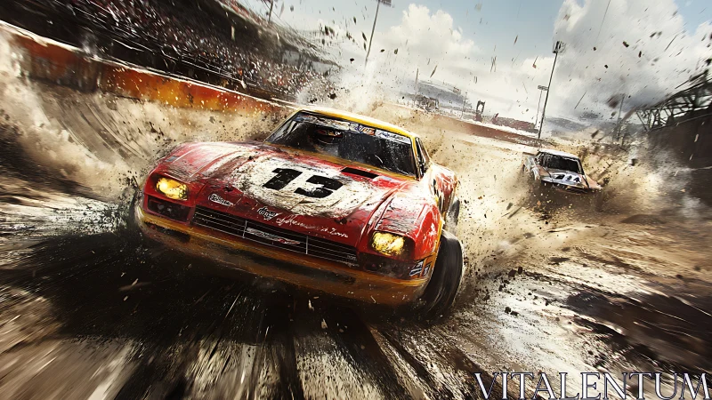 Rally car powerslides through explosive dirt spray chaos.