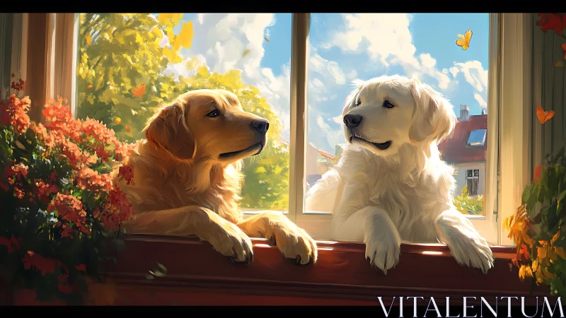 Two retriever dogs at sunlit window with garden view.