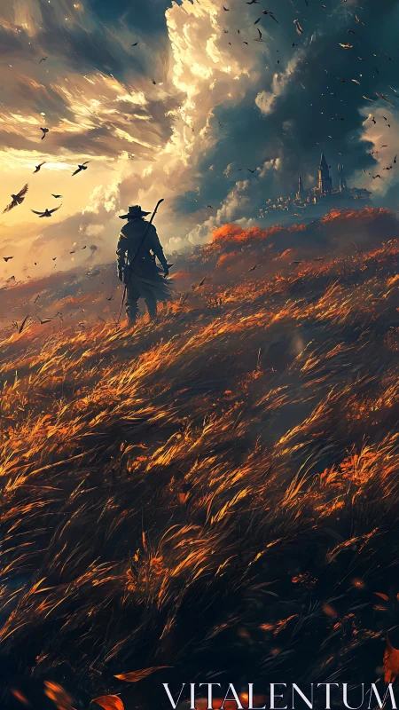 Solitary ranger crosses windlit grassland toward stormbound citadel