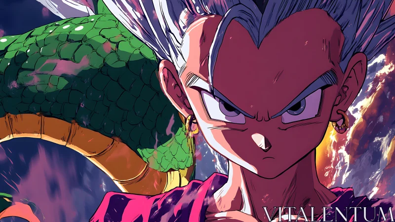 Serious anime fighter faces viewer with coiled green dragon