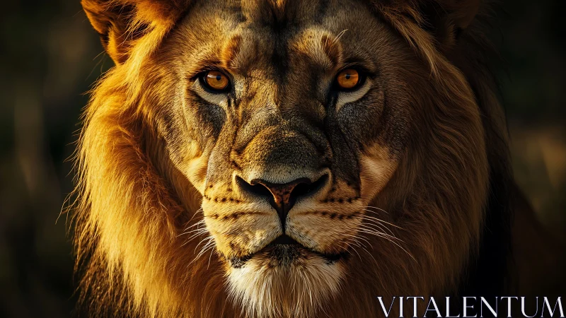 High-contrast lion portrait under directional low-angle rim light