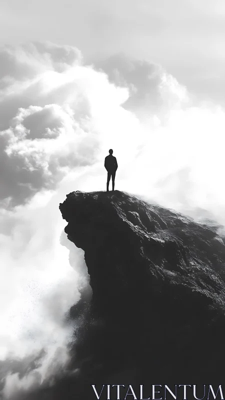 Solitary figure rests on a misty cliff above drifting clouds