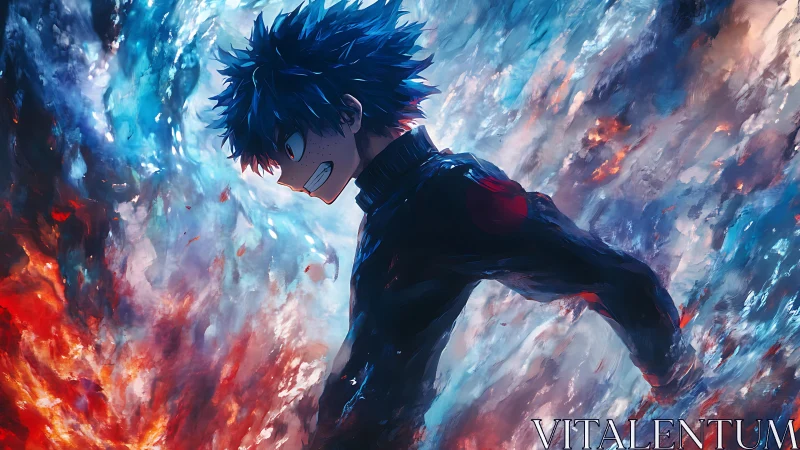 Dynamic blue-haired anime hero amid swirling fire and ice