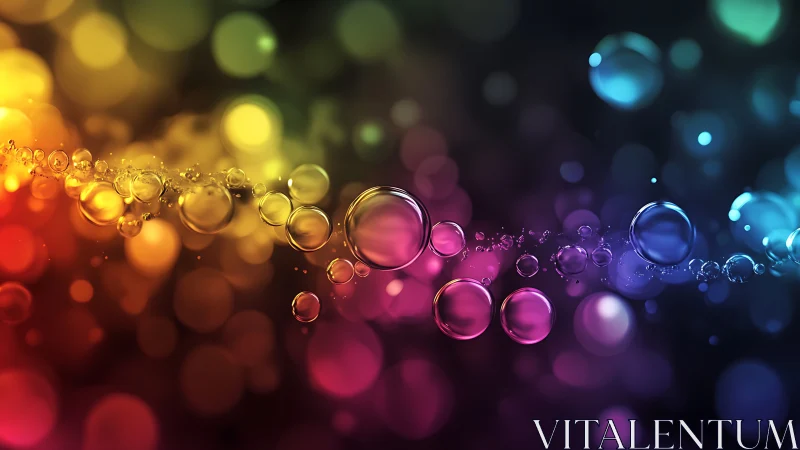 Colorful glowing bubbles on dark rainbow gradient background.