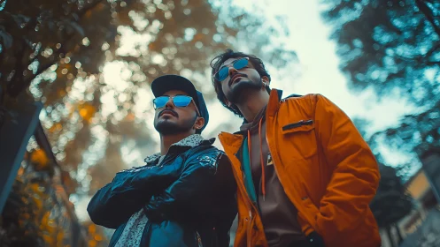 Low-angle urban portrait of two men in stylized complementary jackets