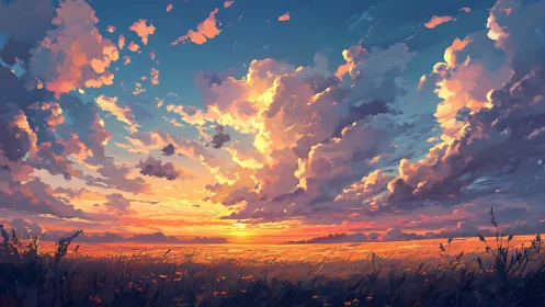 Sunset sky illuminates expansive field with dense clouds