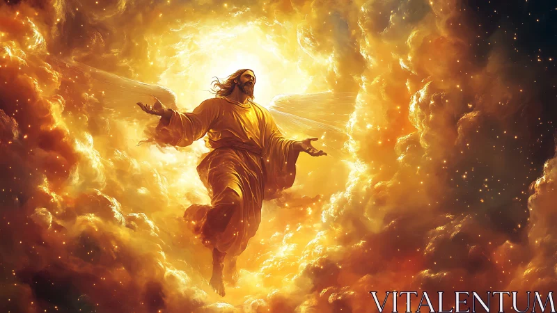 Radiant celestial figure rising through glowing golden sky.