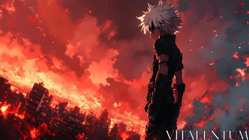 White‑haired warrior surveys a burning city at dusk