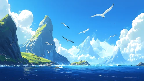 Majestic Mountain Peaks Rising from Azure Waters.