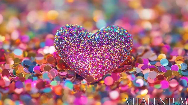 Glitter heart immersed in vivid, multicolored confetti field.