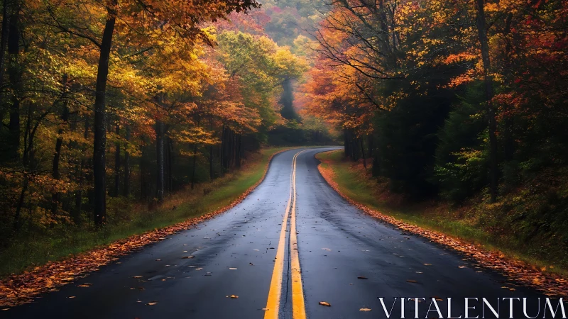 Wet asphalt road curves through dense autumn forest