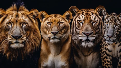 Four large felines arranged in frontal composition against black background.