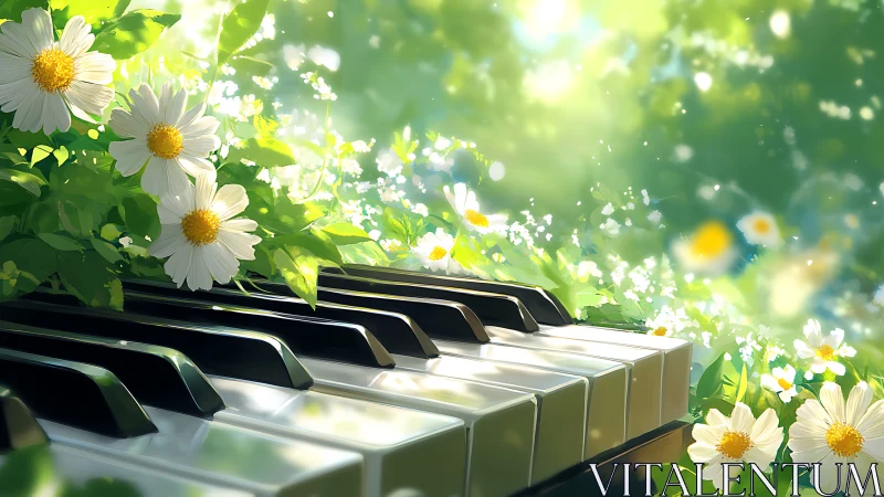 Sunlit piano keys with blooming white daisies in foliage.