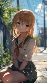 Anime schoolgirl sitting in sunlit alleyway, soft lighting.