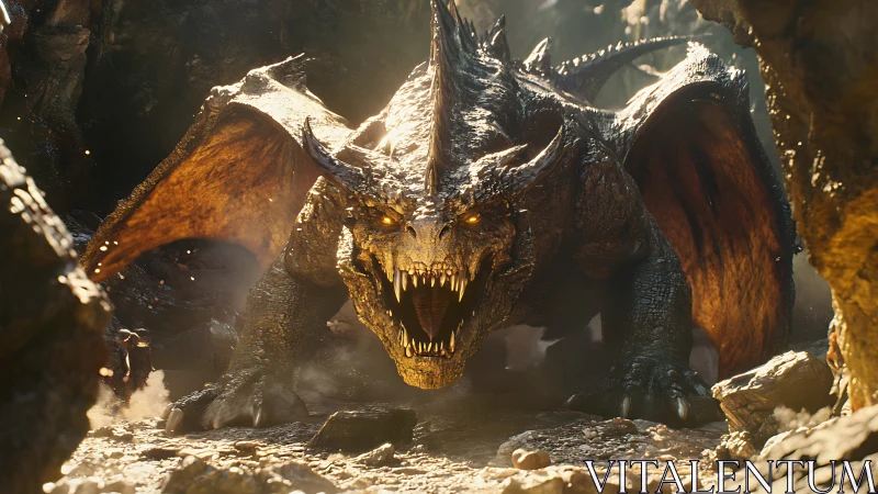 Fire-breathing dragon roars forward inside rocky cavern
