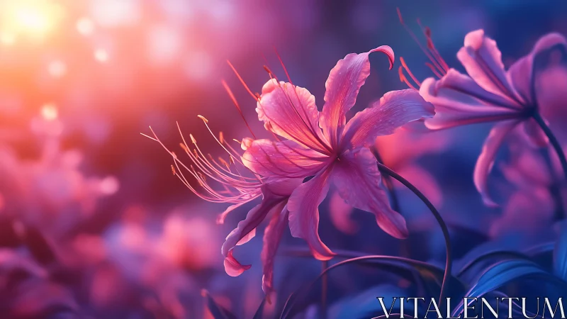 Pink Flowers Backlit by Sunset Glow with Bokeh Effect