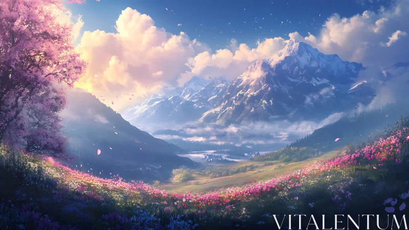 Luminous alpine valley with cherry bloom and snow massifs.
