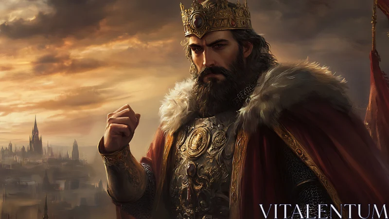 Regal warrior king gazes over citadel in dramatic dusk light