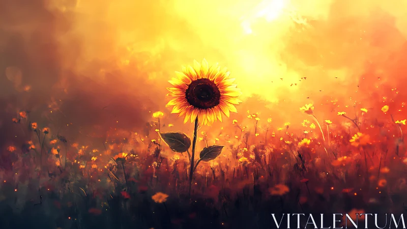 Solitary sunflower blazing in misty golden sunset field.