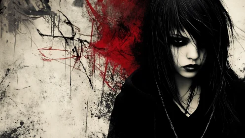 Gothic girl framed by chaotic red and black splashes.