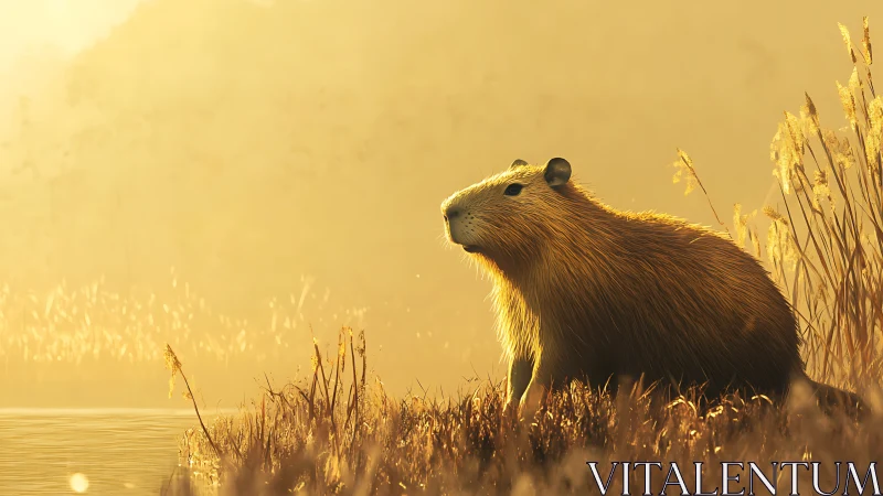 Golden capybara rests beside misty river at sunrise.