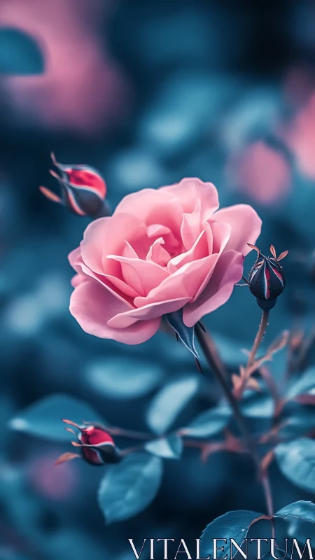 Pink Rose Bloom with Deep Depth of Field and Teal Atmospheric Bokeh