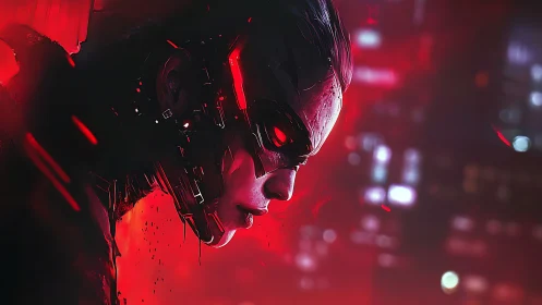 Brooding cybernetic vigilante glowing in neon city haze.