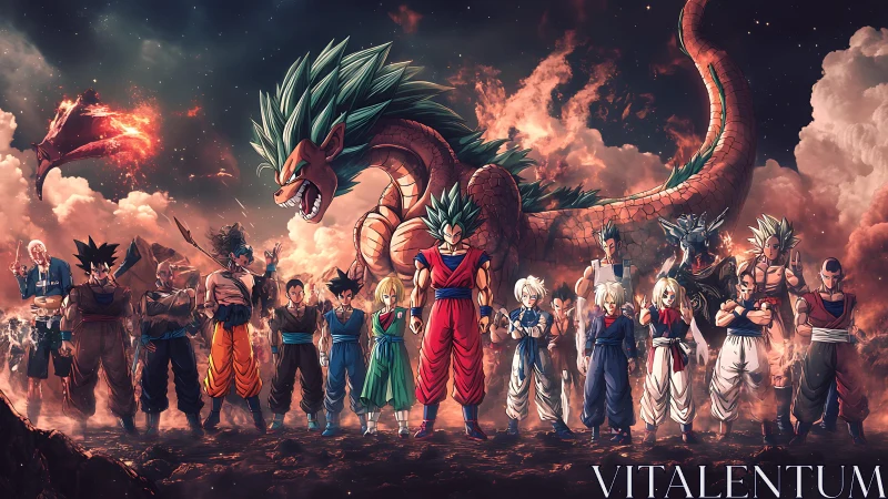 Fiery anime warriors assemble beneath a blazing cosmic dragon.