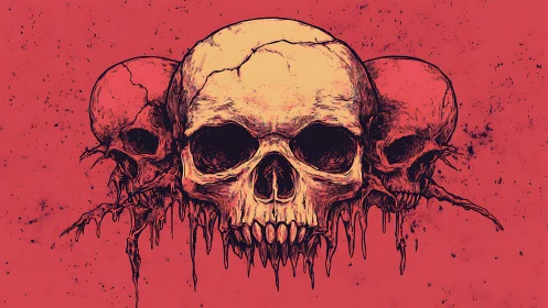 Triptych of bleeding skulls rendered in high-contrast ink detail