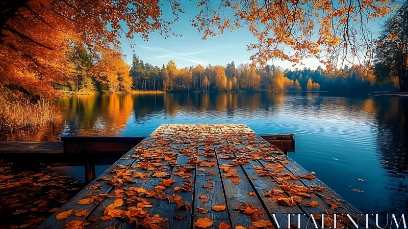 Wooden lakeside pier covered with autumn leaves at sunset.