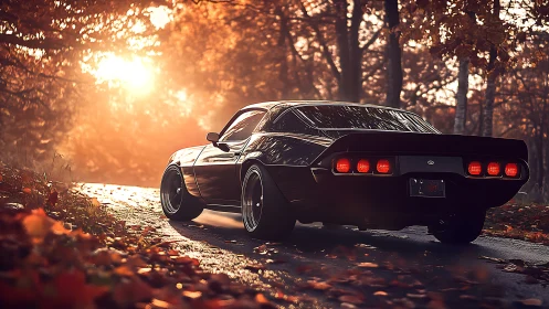 Muscle car glows against autumn blaze on a forest road.