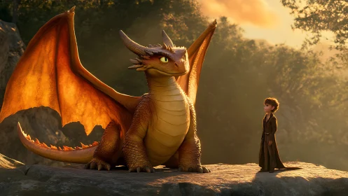 Golden sunset bonds a gentle dragon and brave young friend