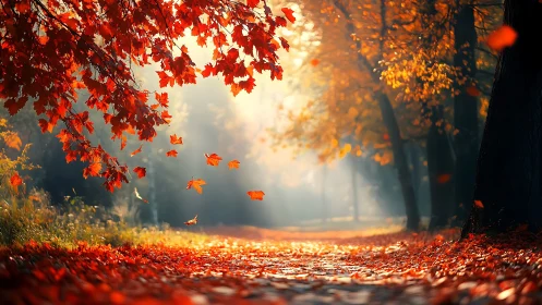 Sunlit autumn forest path glows with drifting red leaves