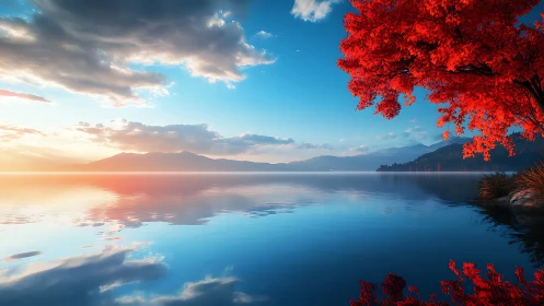 Crimson lakeside tree welcomes a calm sunrise sky reflection