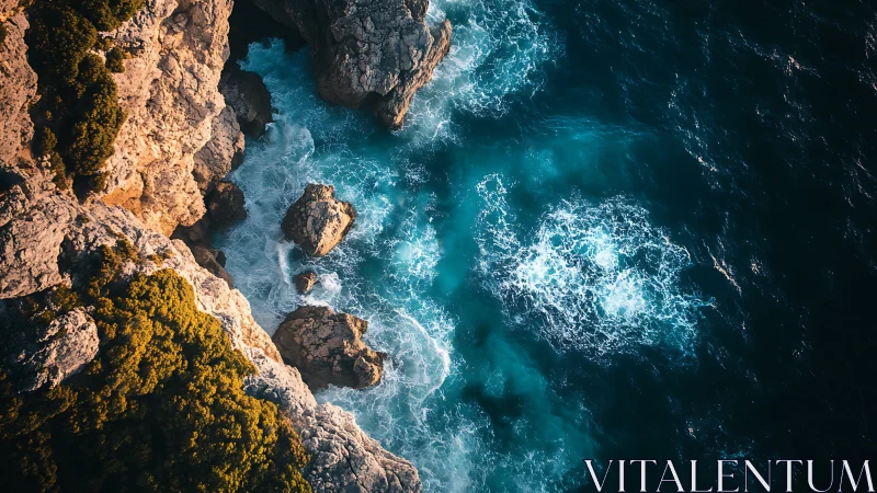 Rocky coastal cliffs above turquoise waves at golden hour.