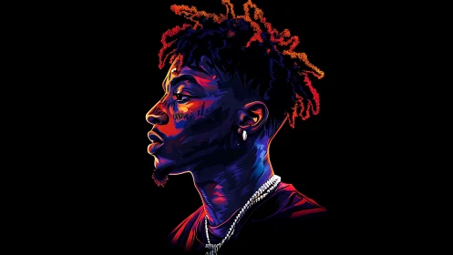 Neon-lit rapper profile ignites the dark with electric color.