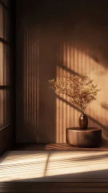 Sunlit quiet corner with wooden table and drying bloom.