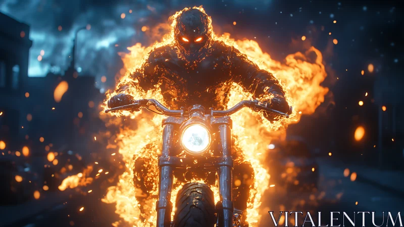 Flaming spectral rider charges through a stormy night street.