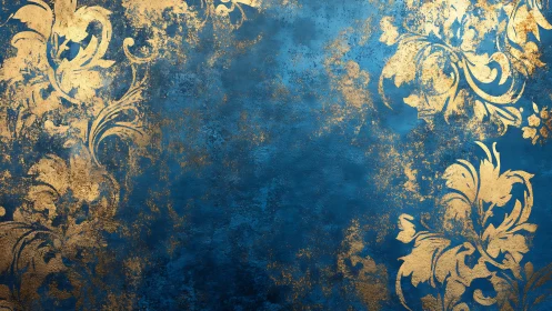 Gold baroque floral pattern on textured blue background.