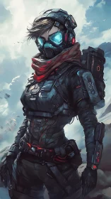 Fearless sci fi scout standing tall beneath stormy skies.