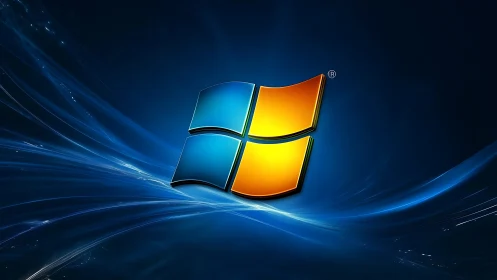 Glowing Windows logo floating on a deep blue digital wave.