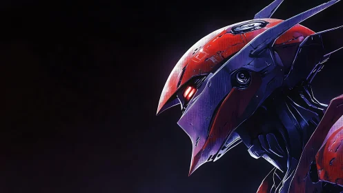Crimson cybernetic raptor mech with glowing visor profile