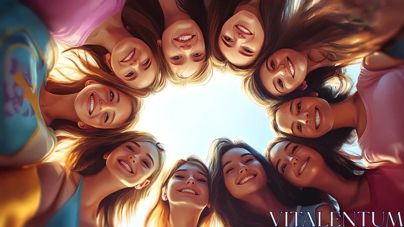 Group of Happy Young Women in a Circle, Vibrant Artistic Style.