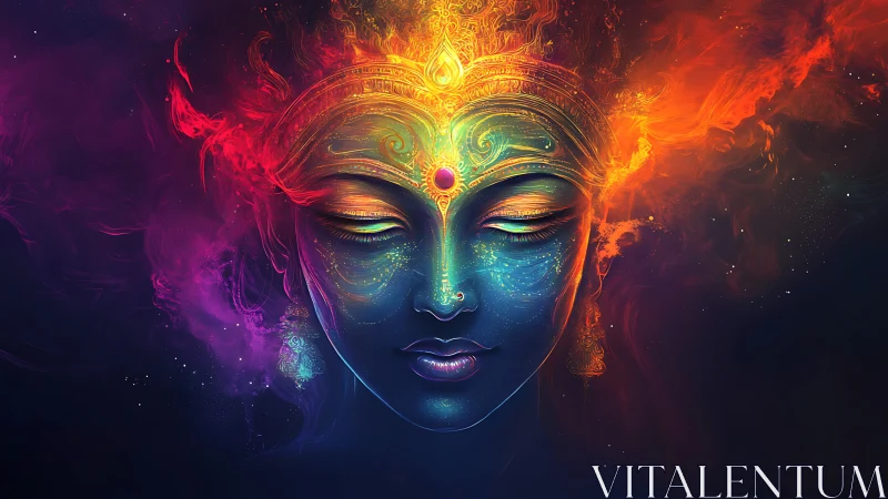 Symmetric cosmic goddess portrait with vibrant nebular light gradients