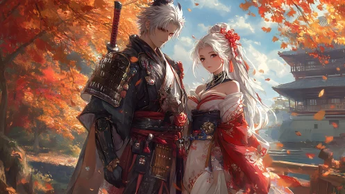 Autumn samurai lovers beneath maple-fire skies, quietly entwined.