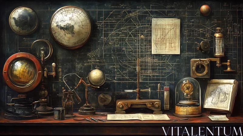 Antique scientist’s desk displays globes, charts, and instruments.
