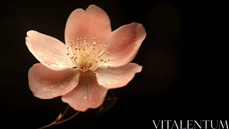 Peach Flower with Golden Stamens Against Black.