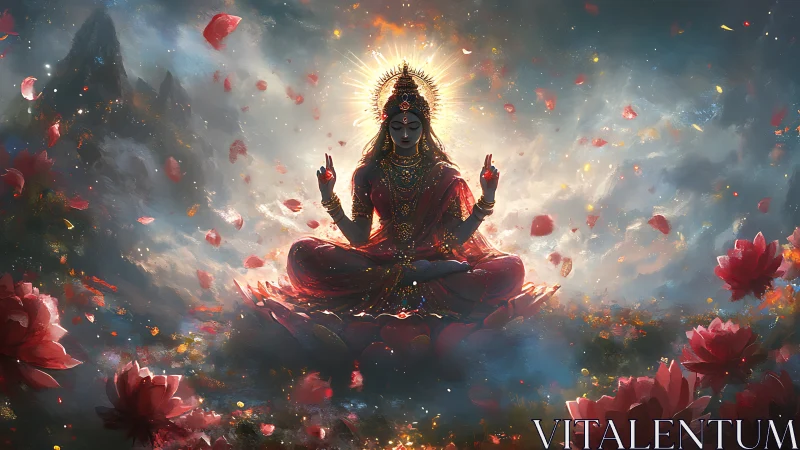 Seated goddess figure meditates on lotus amid floating petals