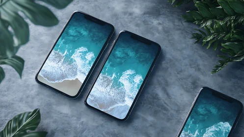 Smartphones display aerial ocean waves on cool stone surface