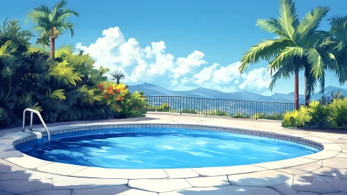 Sunlit hillside pool overlooks distant misty mountains.
